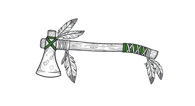 Native American Tomahawk Axe with Feathers, Hand Drawn Illustration