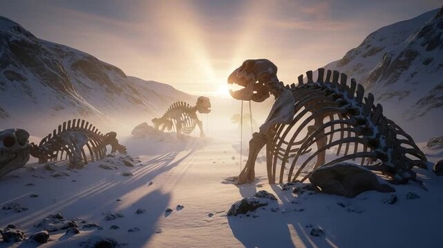 Dinosaur skeletons in a snowy mountain landscape at sunrise, prehistoric fossils in a frozen arctic environment, concept of extinction and ancient history