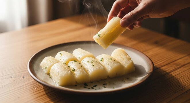 Steaming Cassava Root Dish with Garnish on Wooden Table.