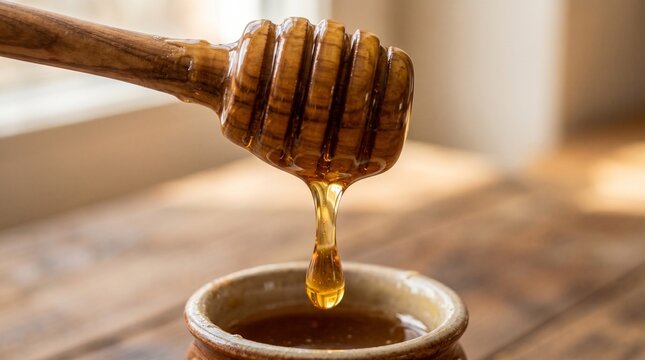 Golden Honey Dripping from Wooden Dipper