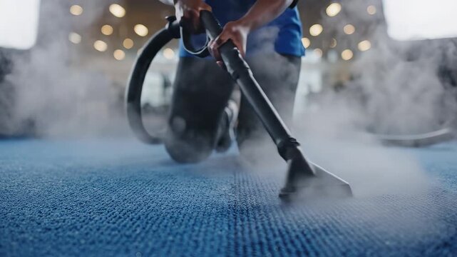 Person using steam cleaner on carpet ideal for tech startups and software commercial themes