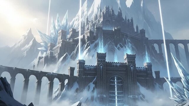 Epic Fantasy Ice Castle Fortress in Snowy Mountain Landscape with Magical Glowing Beams and Stone Bridges for RPG Game Backgrounds and Concept Art