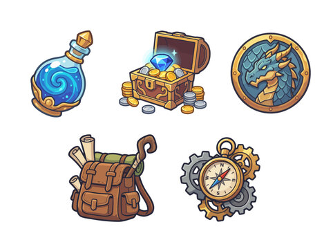 This playful collection of fantasy adventure icons includes a potion, treasure chest, and compass, perfect for representing magical journeys and exploration.