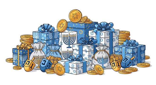 An illustration of Hanukkah gifts, coins, and traditional items are arranged.