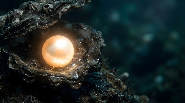 Luminous pearl inside an open oyster shell underwater for background