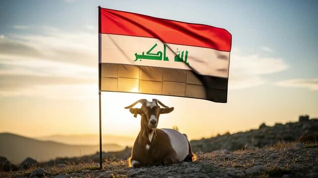 Goat resting in front of a national flag at sunset, symbolic representation of rural livestock farming, agricultural pride, and pastoral landscape photography concept