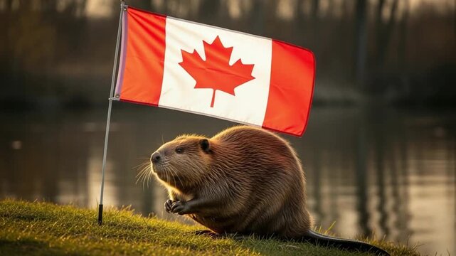Canadian Beaver Mascot Standing Proudly Beside National Flag Symbolizing Wildlife Conservation and Patriotic Pride in Nature Concept