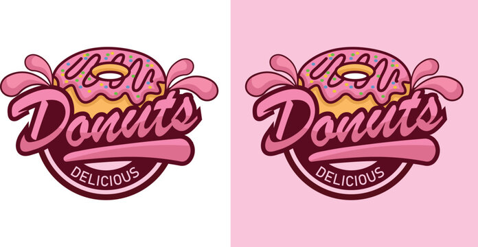 Donut shop logo vector illustration, pink and sprinkles for bakery or dessert shop