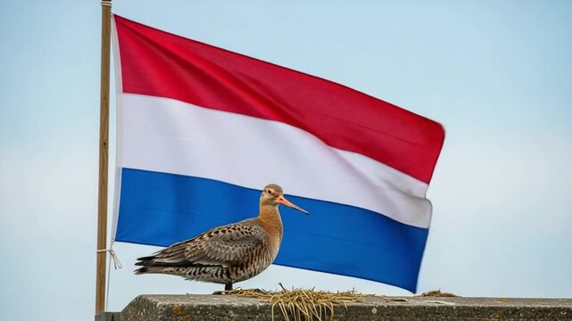 Black-tailed Godwit bird perched on a concrete wall in front of a waving national flag representing Dutch wildlife conservation and national pride