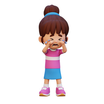 3D Kid Girl crying with tears emotional sadness and upset feeling concept.