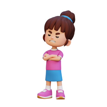 3D Kid Girl looking annoyed irritation and discomfort emotion concept.