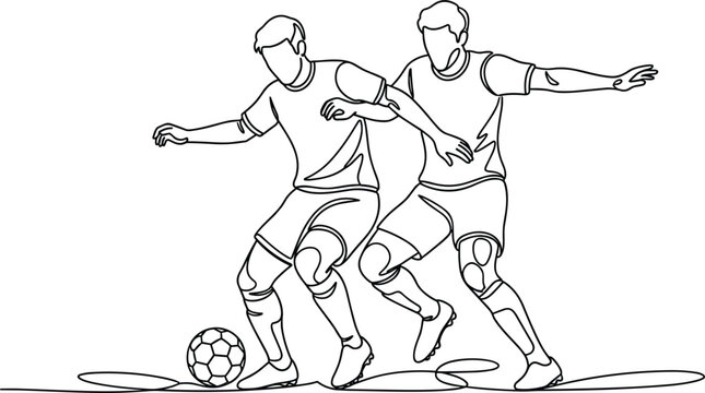 Continuous line soccer players illustration featuring football competition teamwork dribbling defense and energetic athletic performance concept