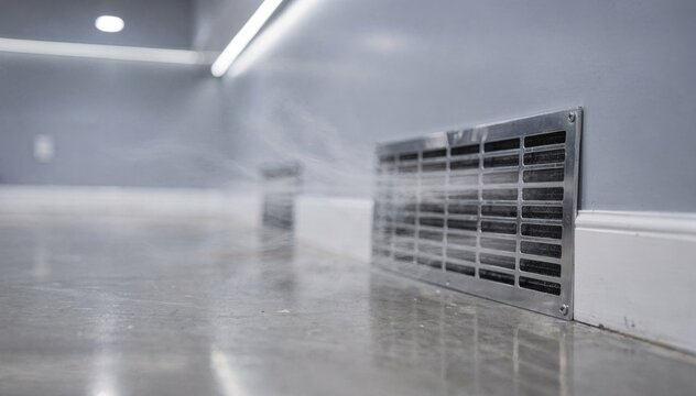 Shot of air scrubber vents sharply detailed as they operate in a finished cellar the smooth walls and floor receding into a softly blurred backdrop.