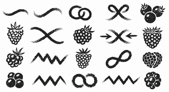 Set of hand-drawn chalk style vector illustrations featuring assorted berries like strawberries, blueberries, and raspberries, artistic white line sketch on a plain background.