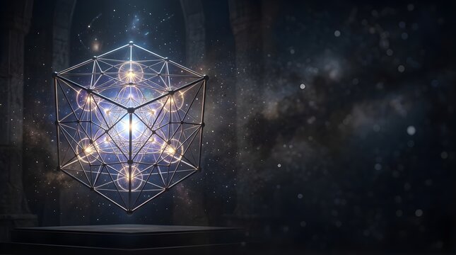 Sacred geometry cube with light pulses floating in a mystical dark temple