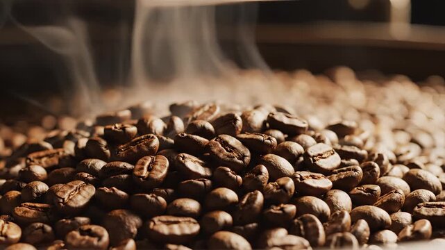 Closeup of steaming roasted coffee beans pile with warm lighting.