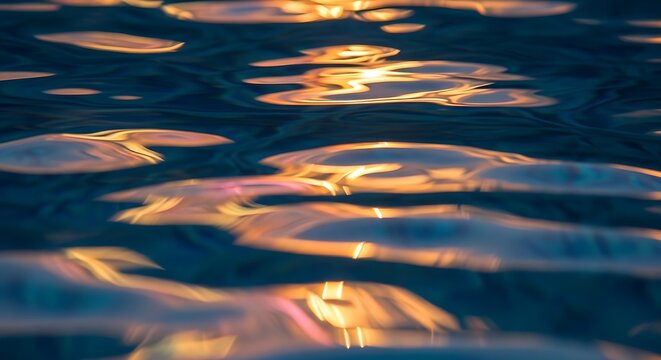 Water surface with golden light reflections and ripples on dark blue ocean or pool, creating a dynamic abstract background for design and technology