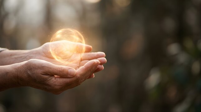 Senior hands holding a glowing energy orb for wellness and healing concept