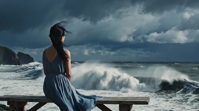 Woman in blue dress by stormy sea emphasizing the majestic scale of the natural world