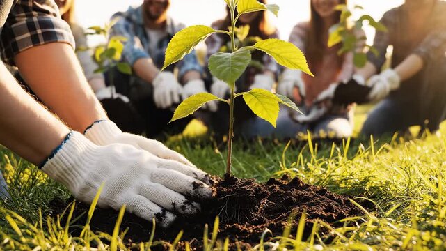 Hands planting tree with group in background ideal for eco-friendly campaigns and travel vlogs