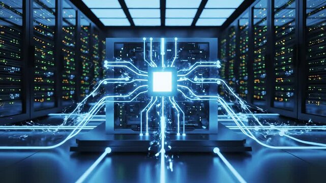 Data center server room with glowing circuits symbolizing digital transformation and future innovation