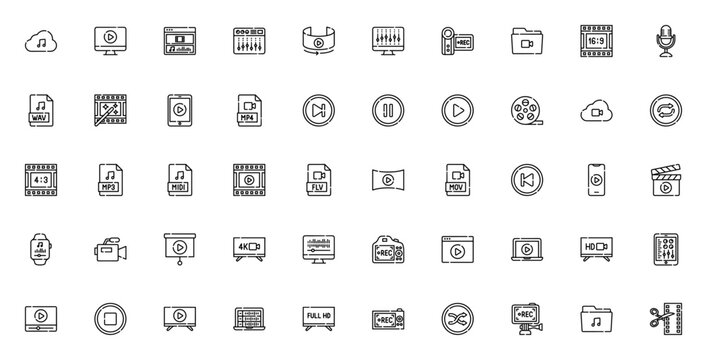 Audio and video related icon set. Minimal linear icons set. Vector illustration. Featuring music cloud, video camera, equalizer, microphone, film editing, video player, and more.