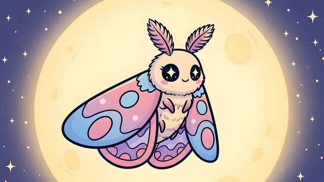 Cute cartoon moth with colorful wings and big eyes against a full moon background