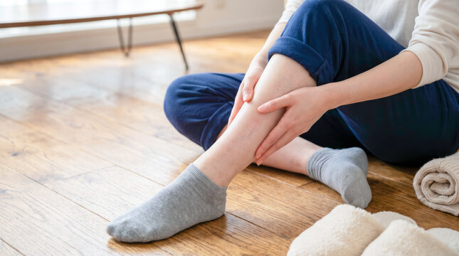 冷え性や足のむくみに悩む女性。部屋で脚の冷え対策やケアをするイメージ