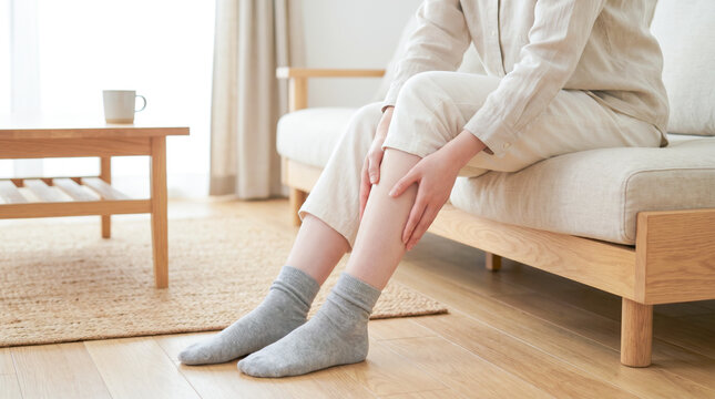 冷え性や足のむくみに悩む女性。部屋で脚の冷え対策やケアをするイメージ
