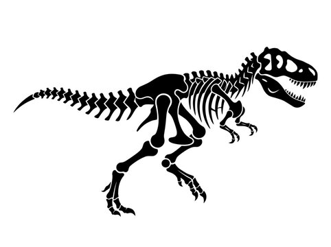 A striking illustration of a T-Rex skeleton depicted in black silhouette, showcasing the awe of prehistoric life and capturing the attention of viewers with its bold design.