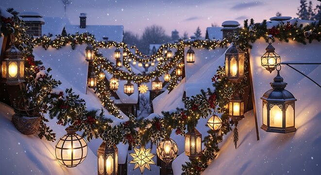 Snow-covered rooftops decorated with festive garlands and lanterns during twilight christmas lights christmas