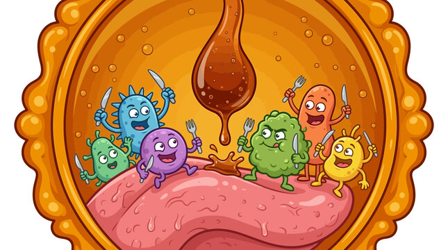 Cartoon Germs and Bacteria on Tongue Waiting for Food Drop