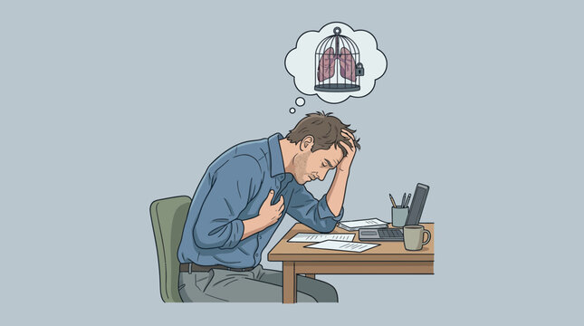 Man at Desk Feeling Chest Tightness and Suffocation Vector Illustration