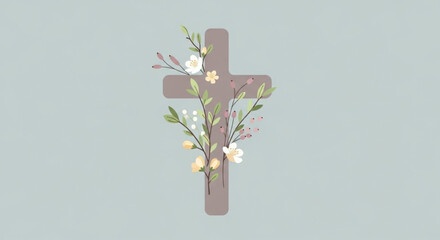 Floral Cross with White and Yellow Flowers and Pink Berries on Blue Gray Background, Easter Illustration © GONYONG