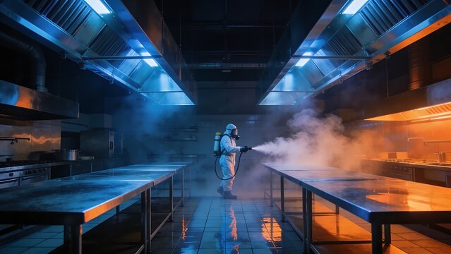 Professional Cleaner Sanitizing Commercial Kitchen