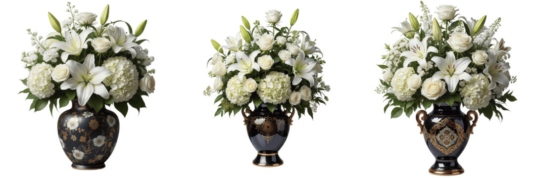 Set and collection of beautiful bouquet of white roses and hydrangeas in a vase isolated on white transparent png background