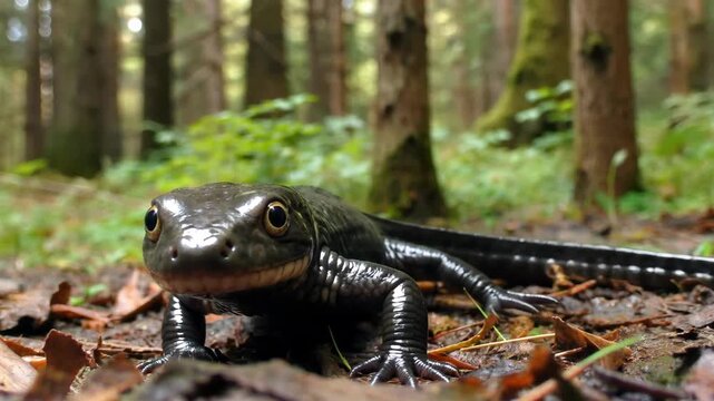 Close-up of a lizard in the forest Black warty newt in the forest
