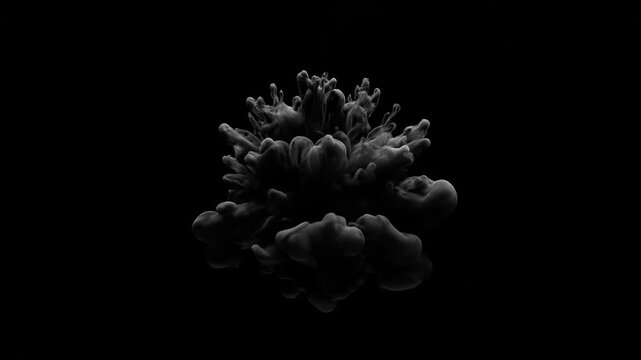 Abstract black and white ink explosion in water dark background slow motion