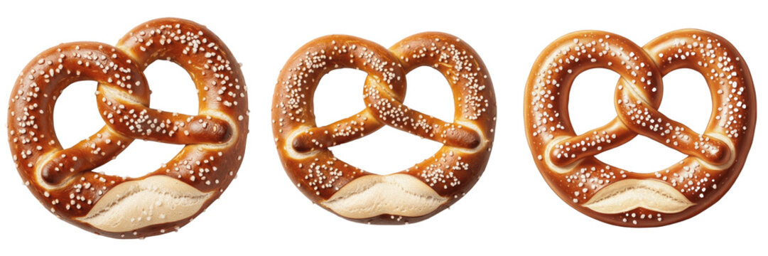 Set and collection of single baked traditional soft pretzel isolated on white transparent png background