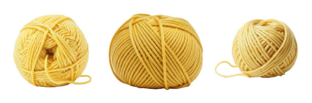 Set and collection of single yellow wool yarn ball isolated on white transparent png background