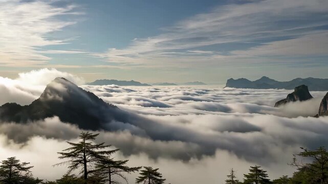 Magnificent panoramic view of the sea of clouds in the mountains and magnificent landscape of the peaks of the sea of clouds