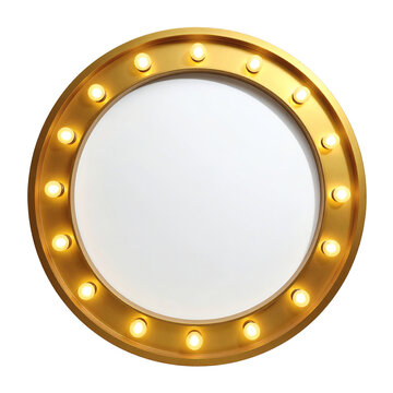 Brightly lit circular vanity mirror frame with glowing incandescent bulbs offering a perfect makeup setting on transparent background