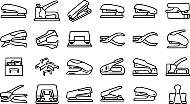 Stapler and Office Fastening Tools Outline Icon Set with Staple Removers, Paper Punch, Staples and Desk Supply Variations Isolated on White Background