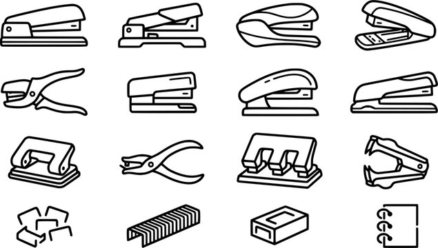 Stapler and Office Fastening Tools Outline Icon Set with Staple Removers, Paper Punch, Staples and Desk Supply Variations Isolated on White Background