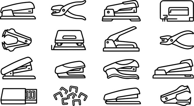 Stapler and Office Fastening Tools Outline Icon Set with Staple Removers, Paper Punch, Staples and Desk Supply Variations Isolated on White Background