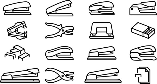 Stapler and Office Fastening Tools Outline Icon Set with Staple Removers, Paper Punch, Staples and Desk Supply Variations Isolated on White Background