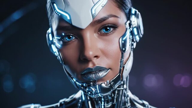 Cyborg woman with glowing blue eyes ideal for tech startups and software commercial themes