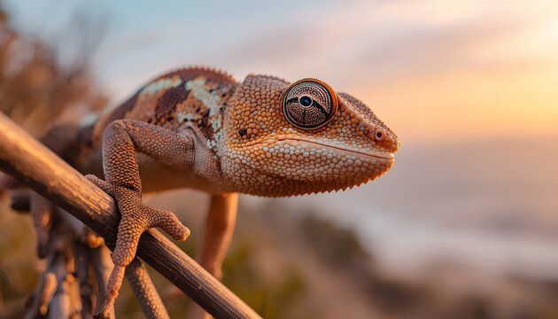 Cape dwarf chameleon perching on fynbos branch at coastal sunset macro shot for nature conservation marketing