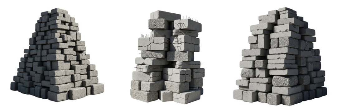 Set and collection of grey concrete cinder blocks stack isolated on white transparent png background