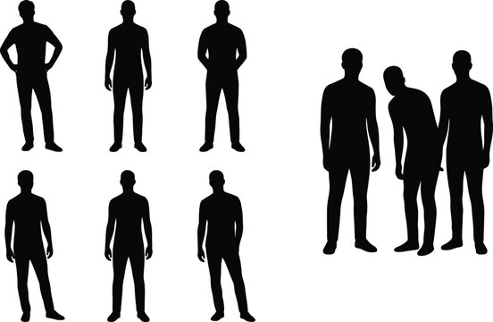 Set of male human silhouettes in various standing poses isolated for design and character reference use